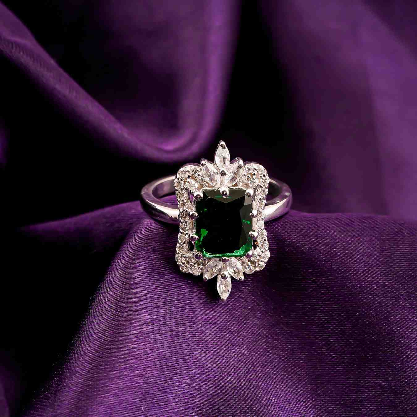 Silver Green Emerald Halo Ring