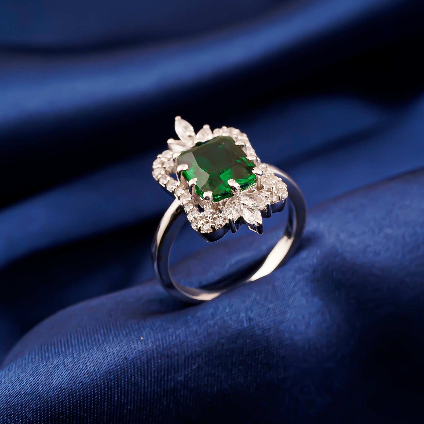 Silver Green Emerald Halo Ring