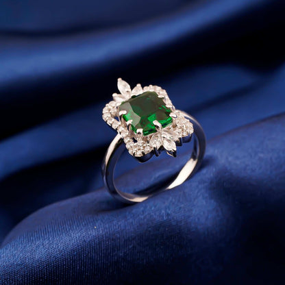 Silver Green Emerald Halo Ring