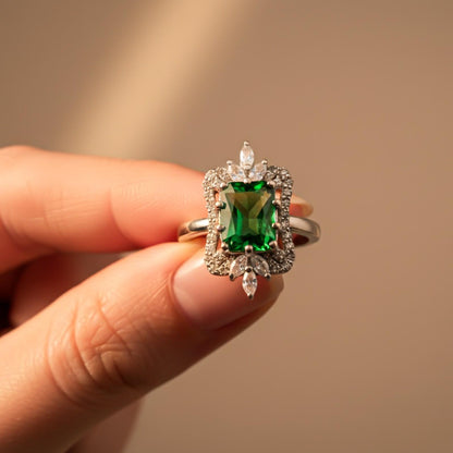 Silver Green Emerald Halo Ring
