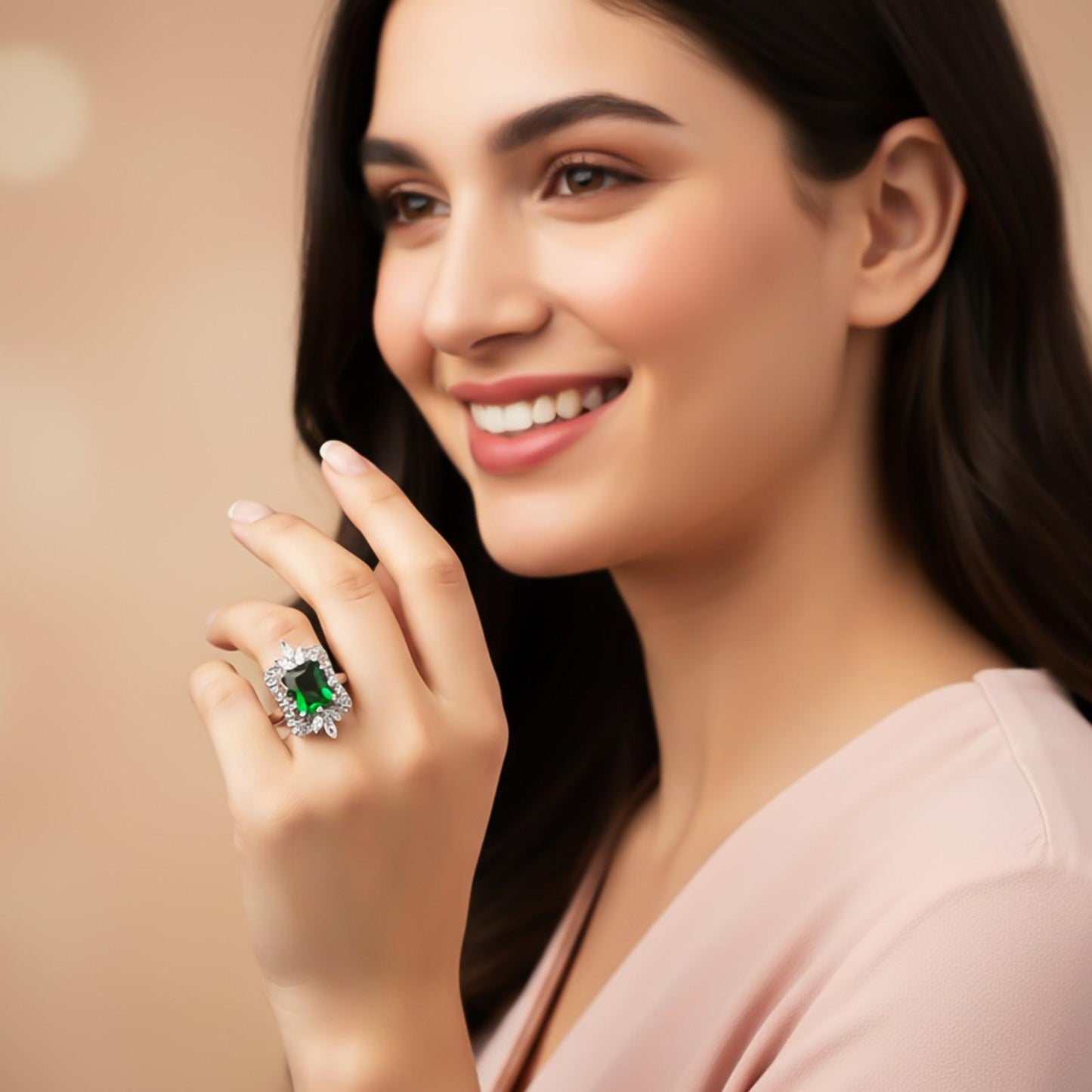 Silver Green Emerald Halo Ring