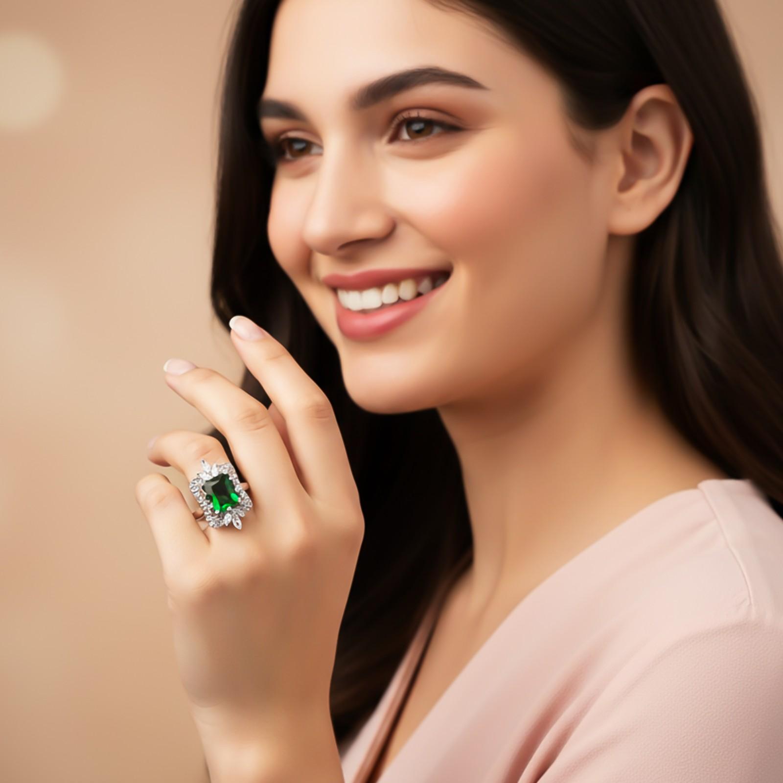 Silver Green Emerald Halo Ring