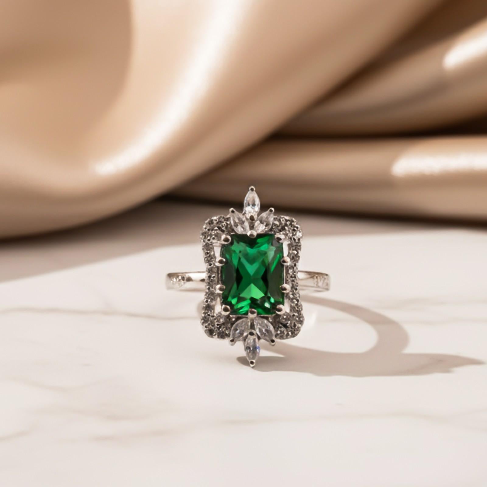 Silver Green Emerald Halo Ring