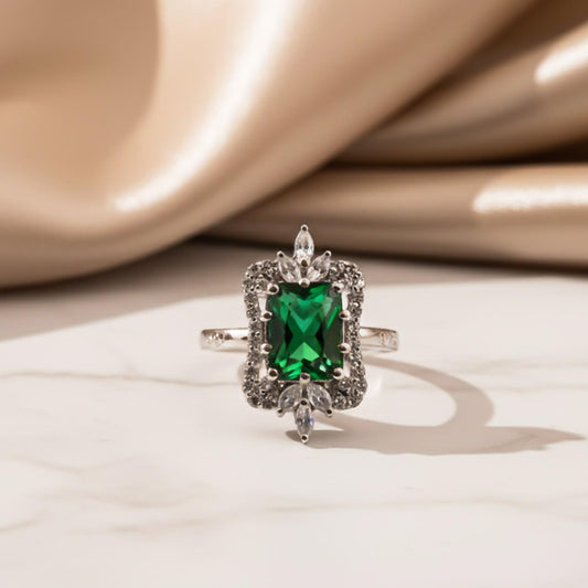 Silver Green Emerald Halo Ring
