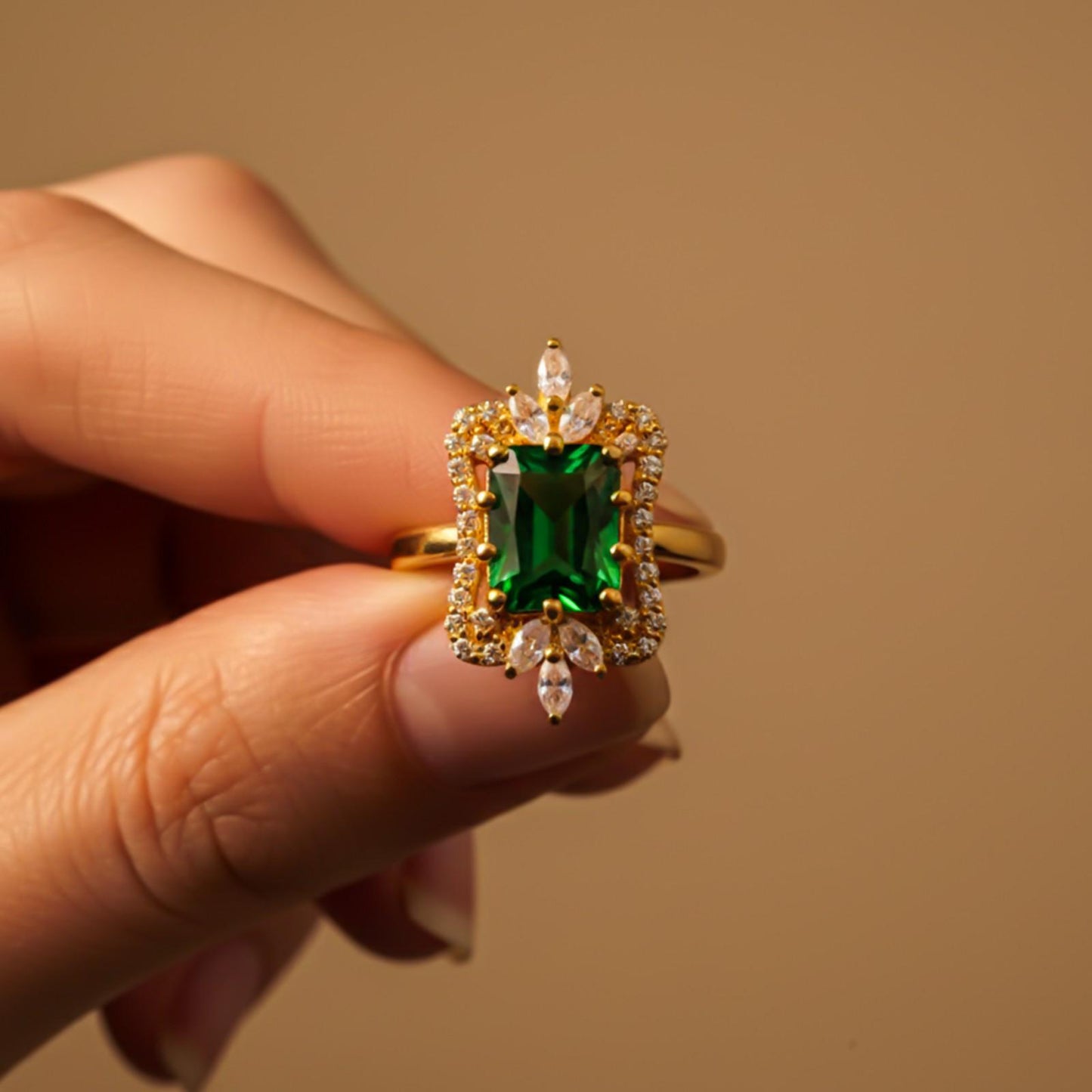 Silver Green Emerald Halo Ring