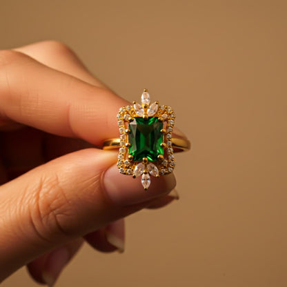 Silver Green Emerald Halo Ring