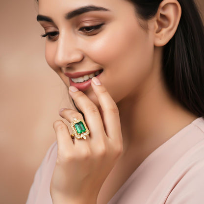 Silver Green Emerald Halo Ring