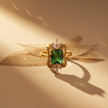 Silver Green Emerald Halo Ring