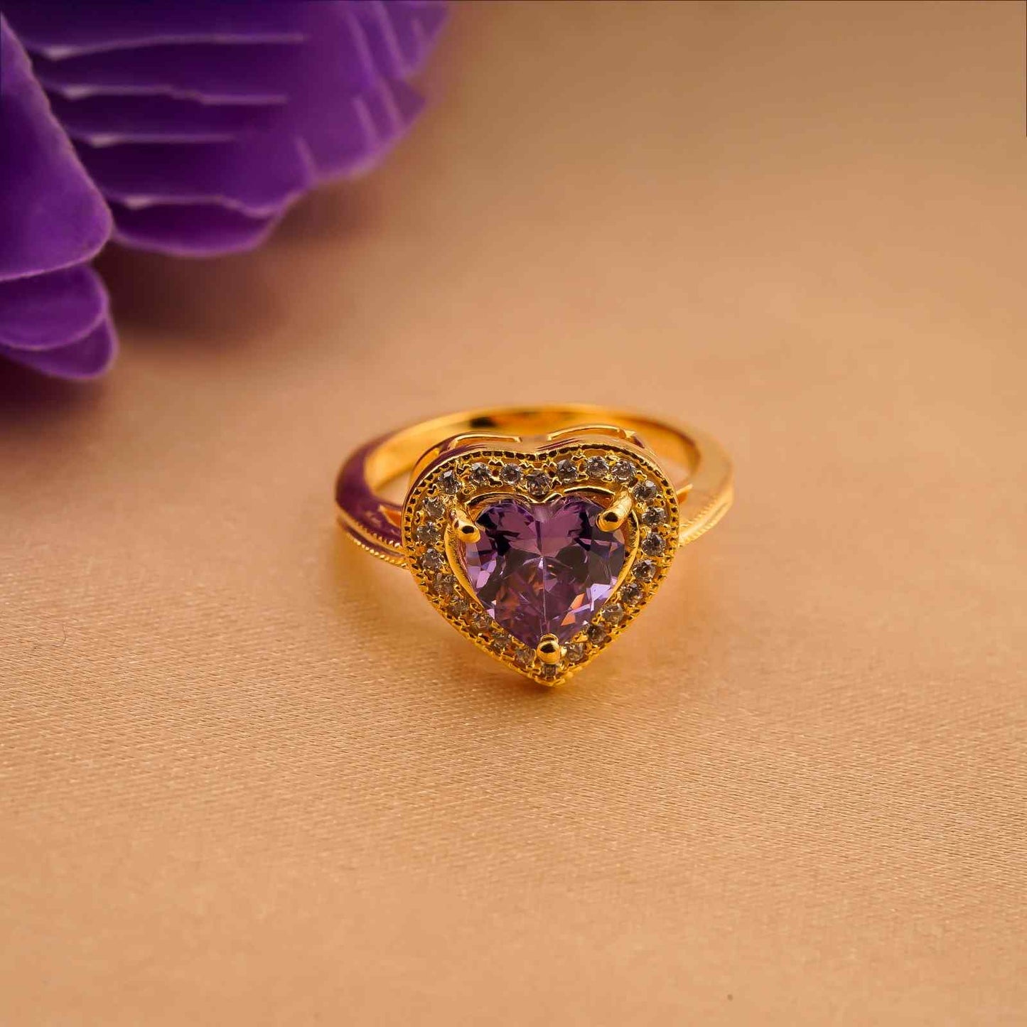 Silver Heart Amethyst Halo Ring