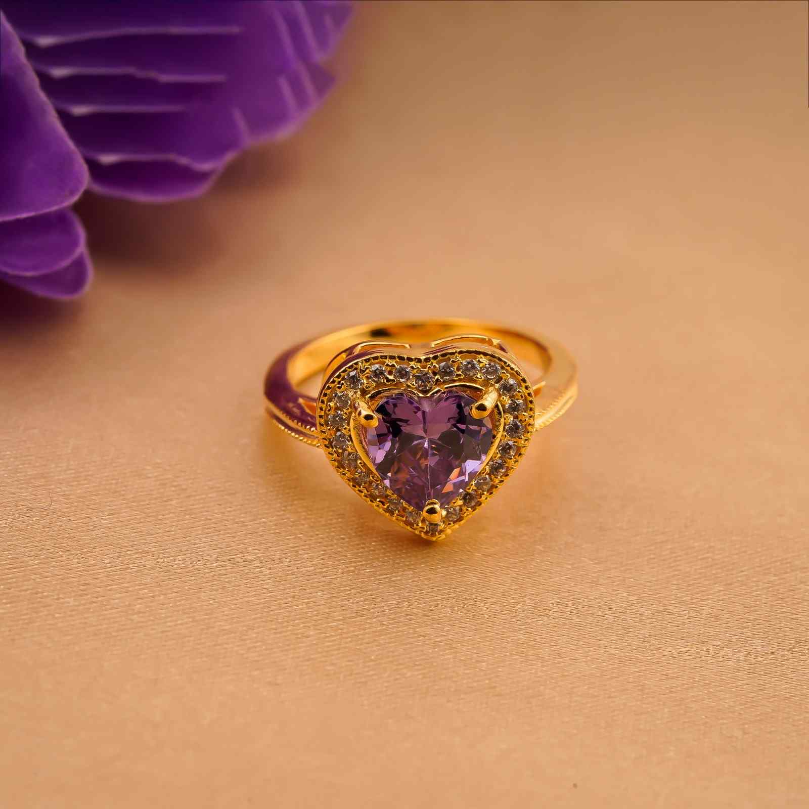 Silver Heart Amethyst Halo Ring