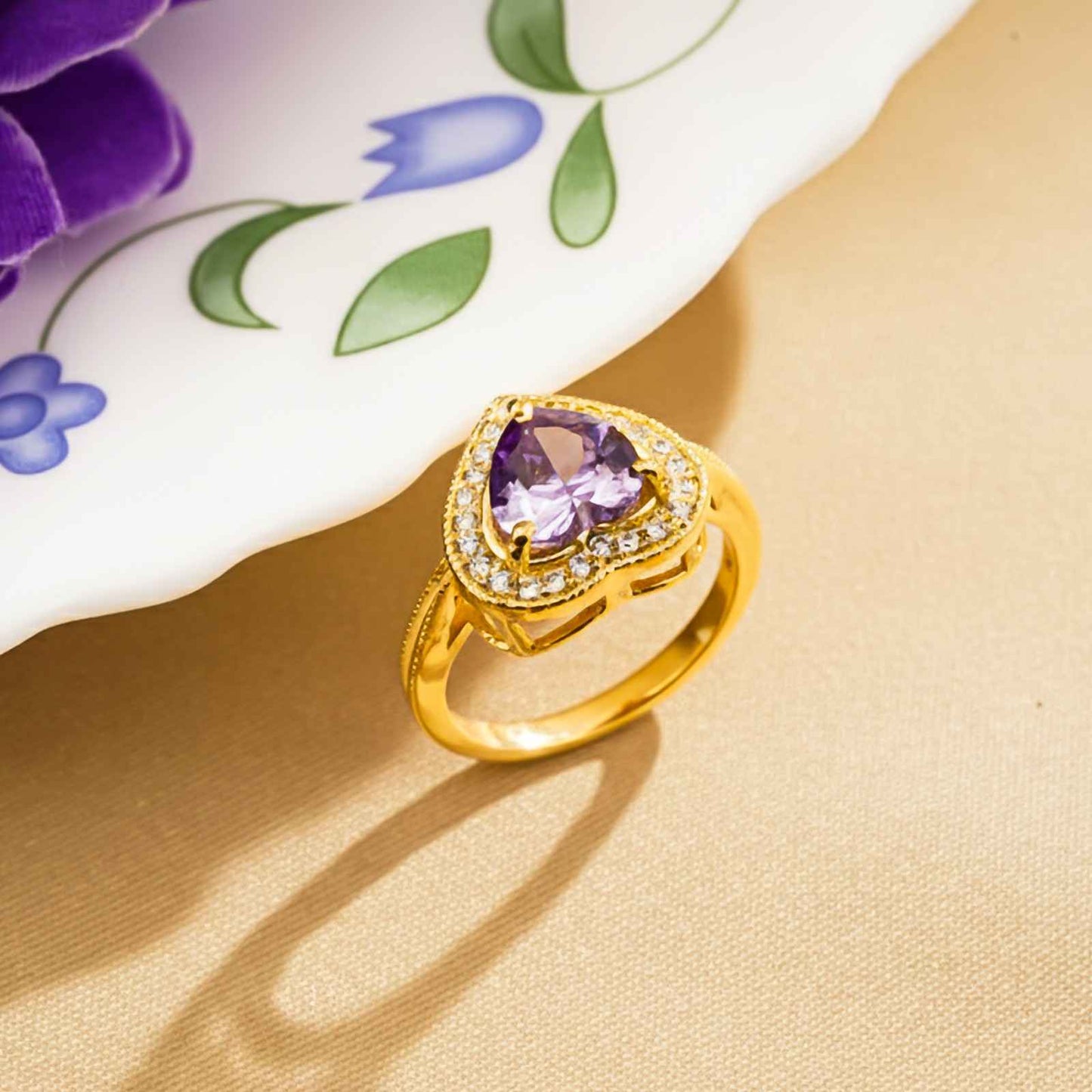 Silver Heart Amethyst Halo Ring