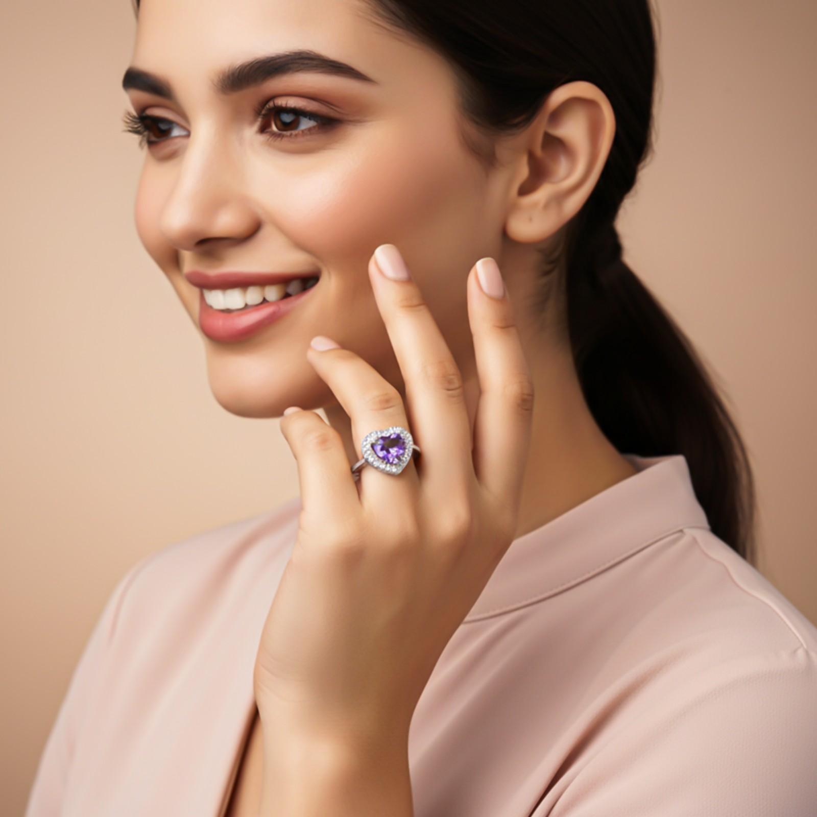 Silver Heart Amethyst Halo Ring