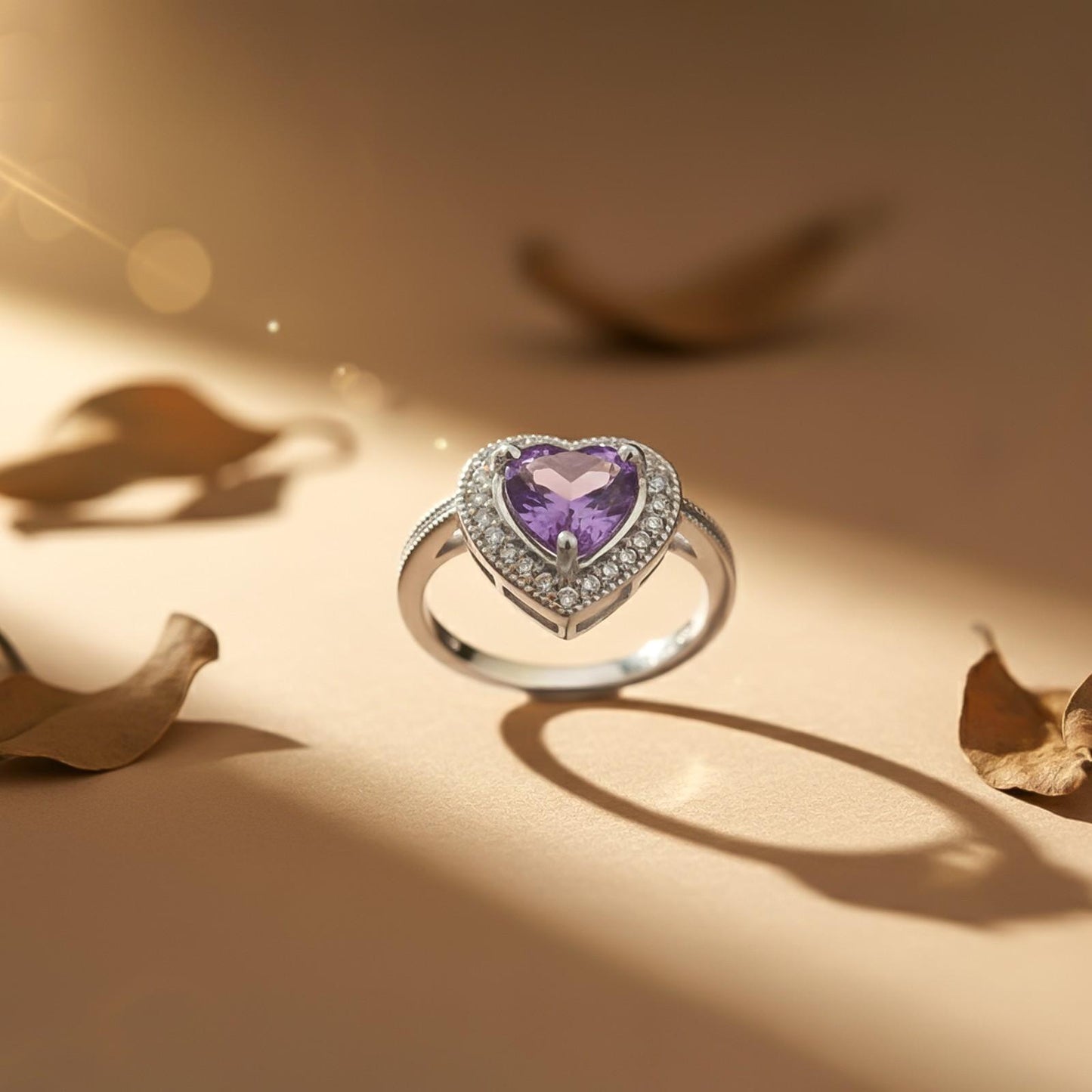 Silver Heart Amethyst Halo Ring