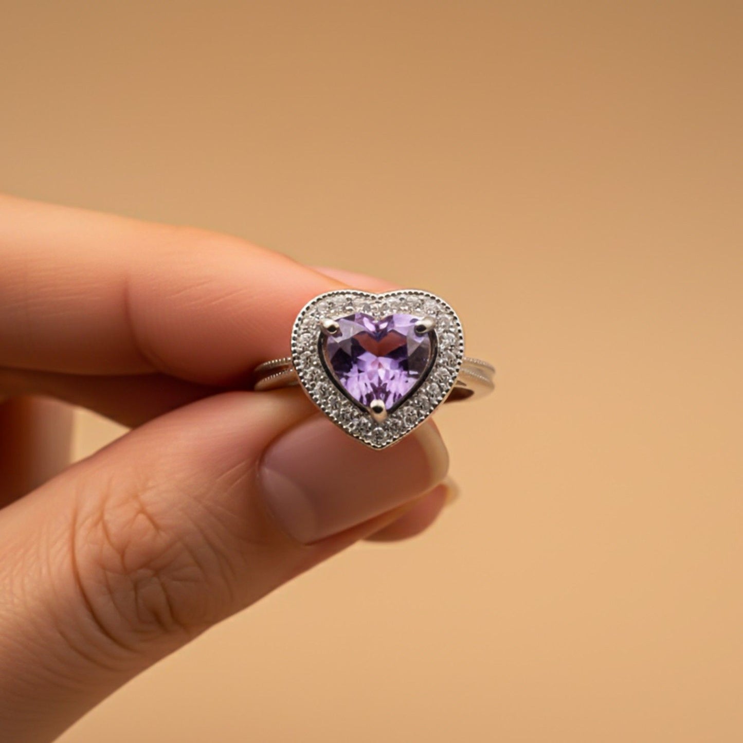 Silver Heart Amethyst Halo Ring