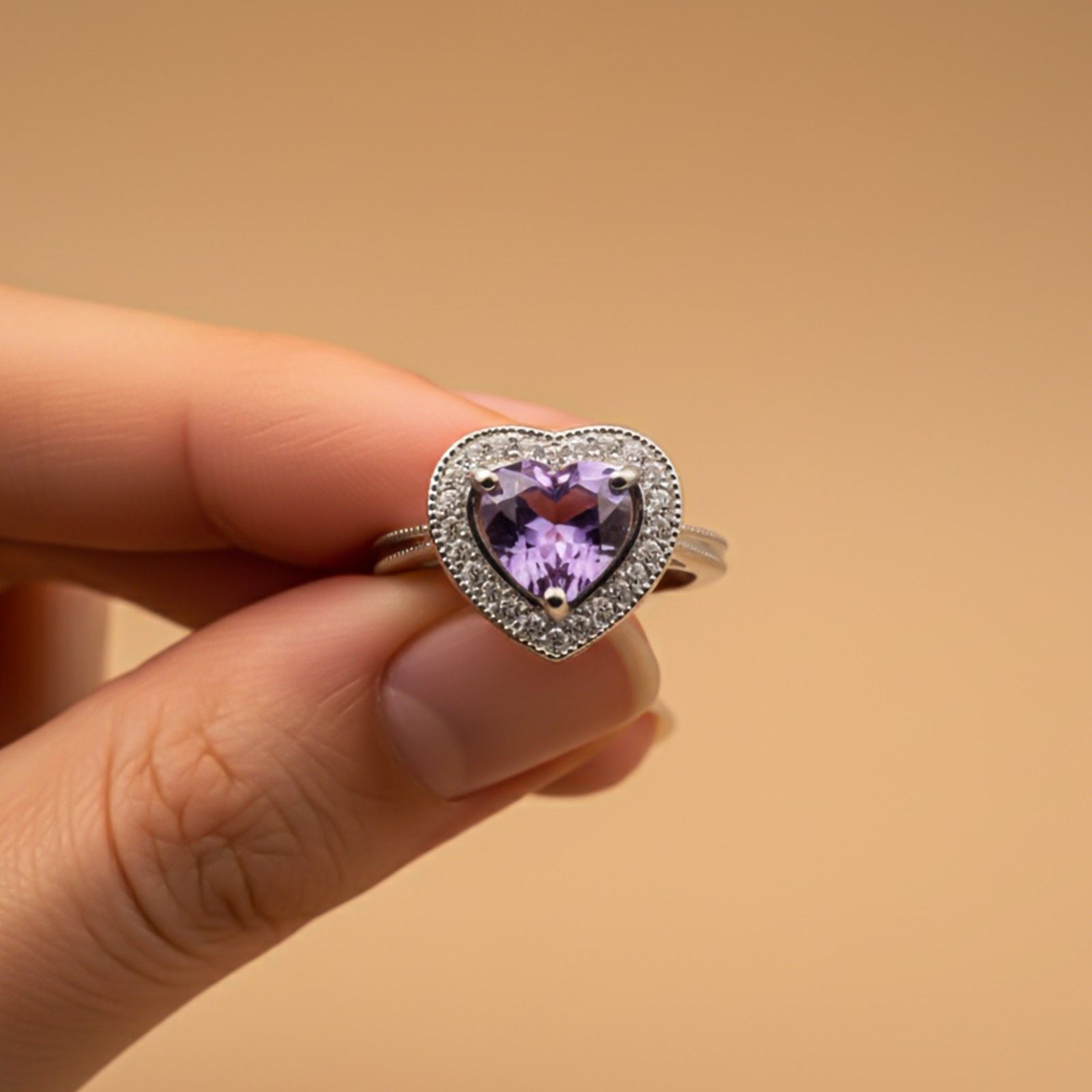 Silver Heart Amethyst Halo Ring