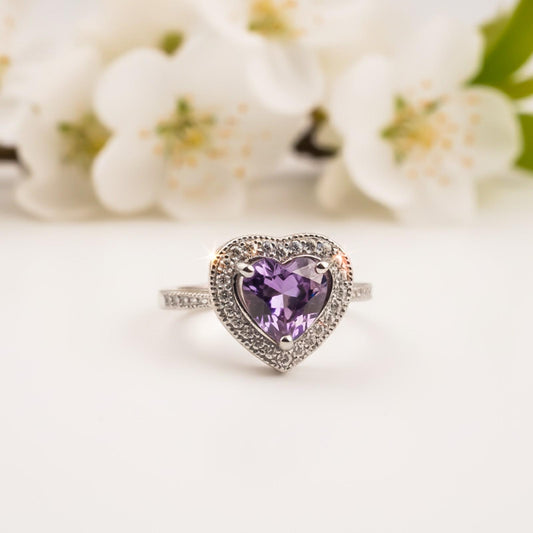 Silver Heart Amethyst Halo Ring