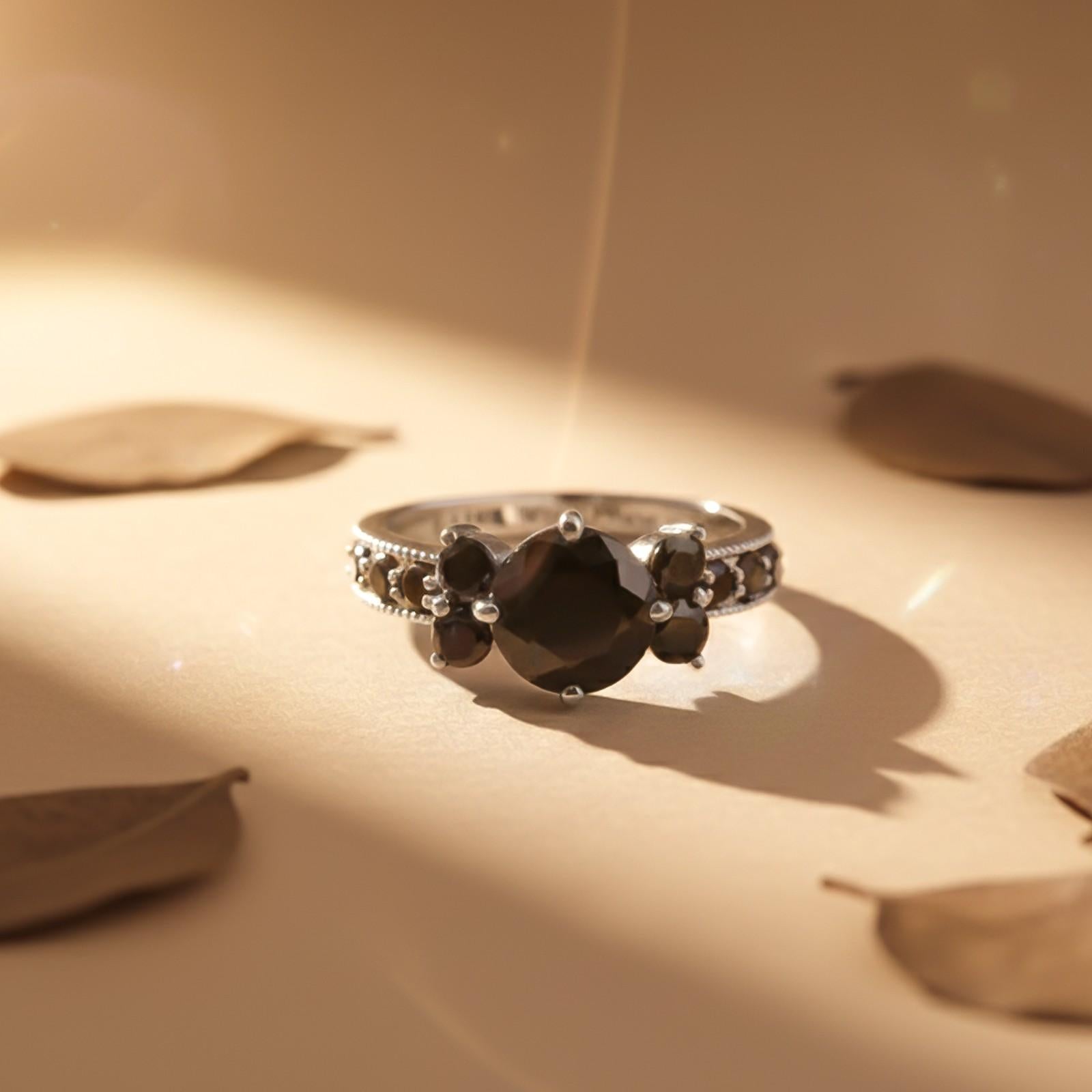 Silver Black Diamond Cluster Ring