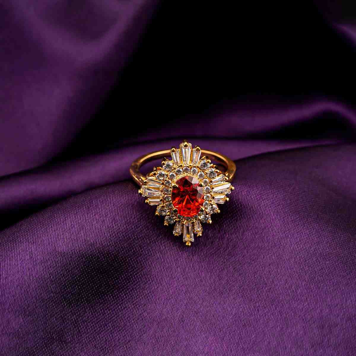 Silver Red Ruby Sunburst Halo Ring