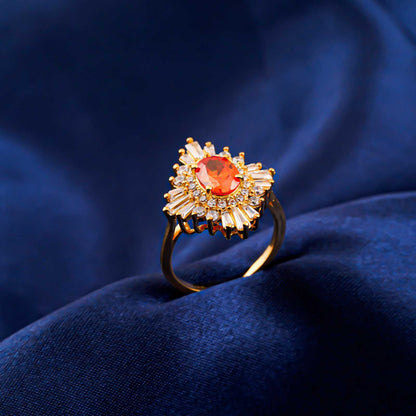 Silver Red Ruby Sunburst Halo Ring