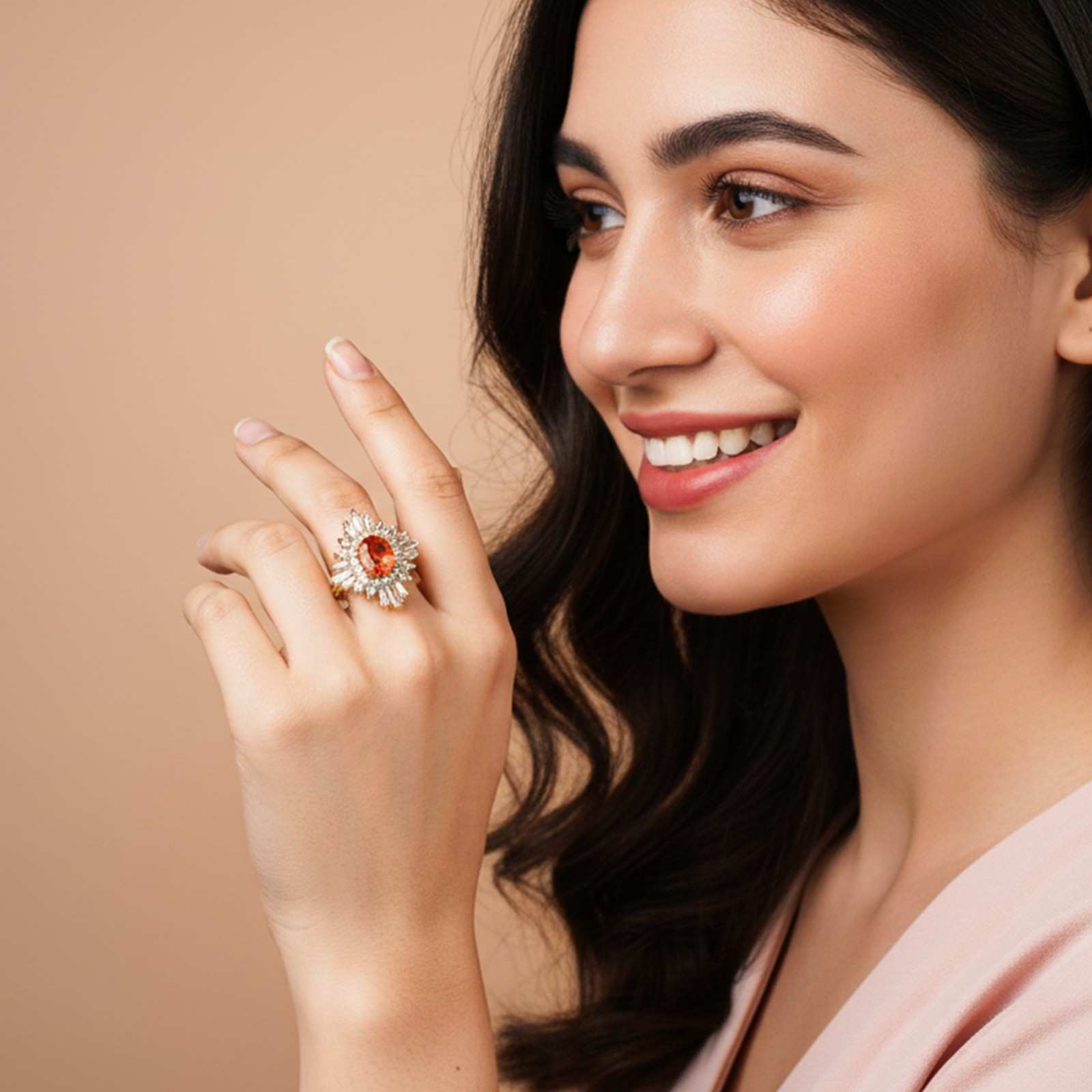 Silver Red Ruby Sunburst Halo Ring