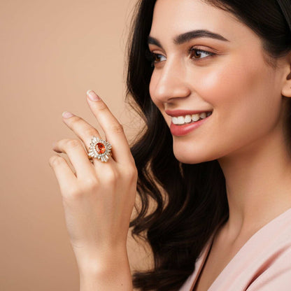 Silver Red Ruby Sunburst Halo Ring