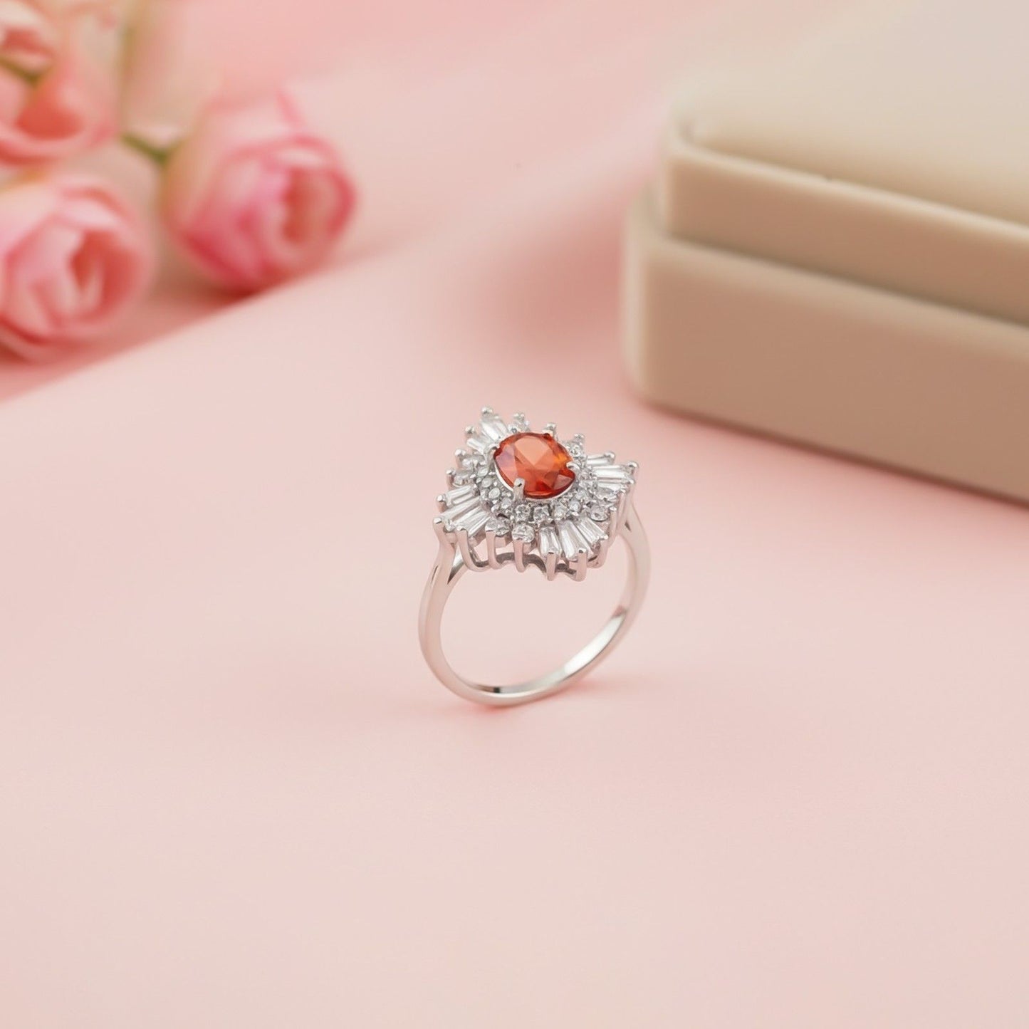 Silver Red Ruby Sunburst Halo Ring