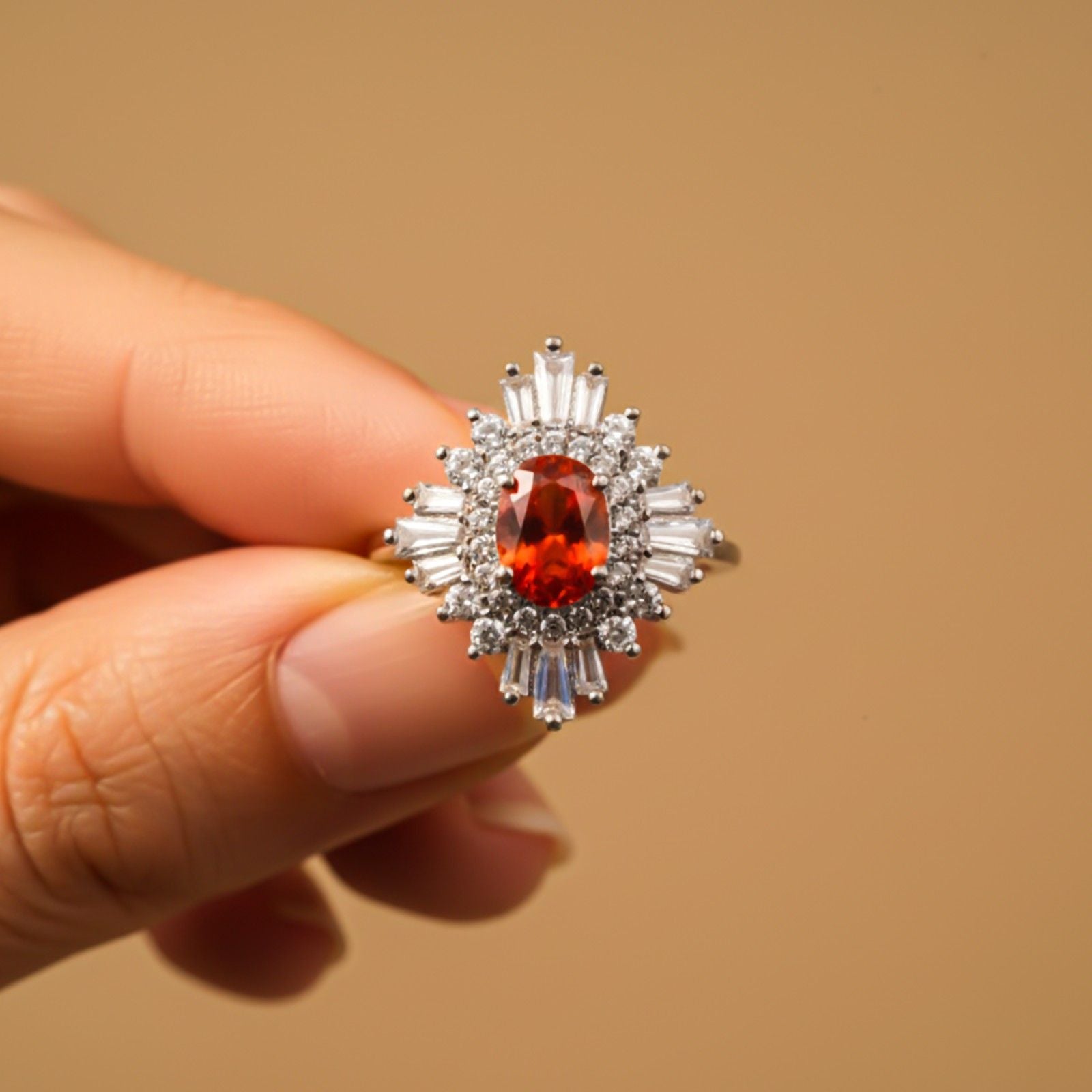 Silver Red Ruby Sunburst Halo Ring