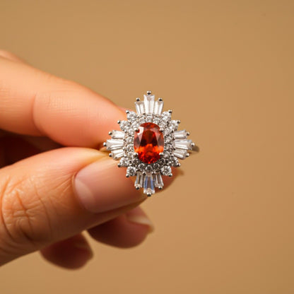 Silver Red Ruby Sunburst Halo Ring