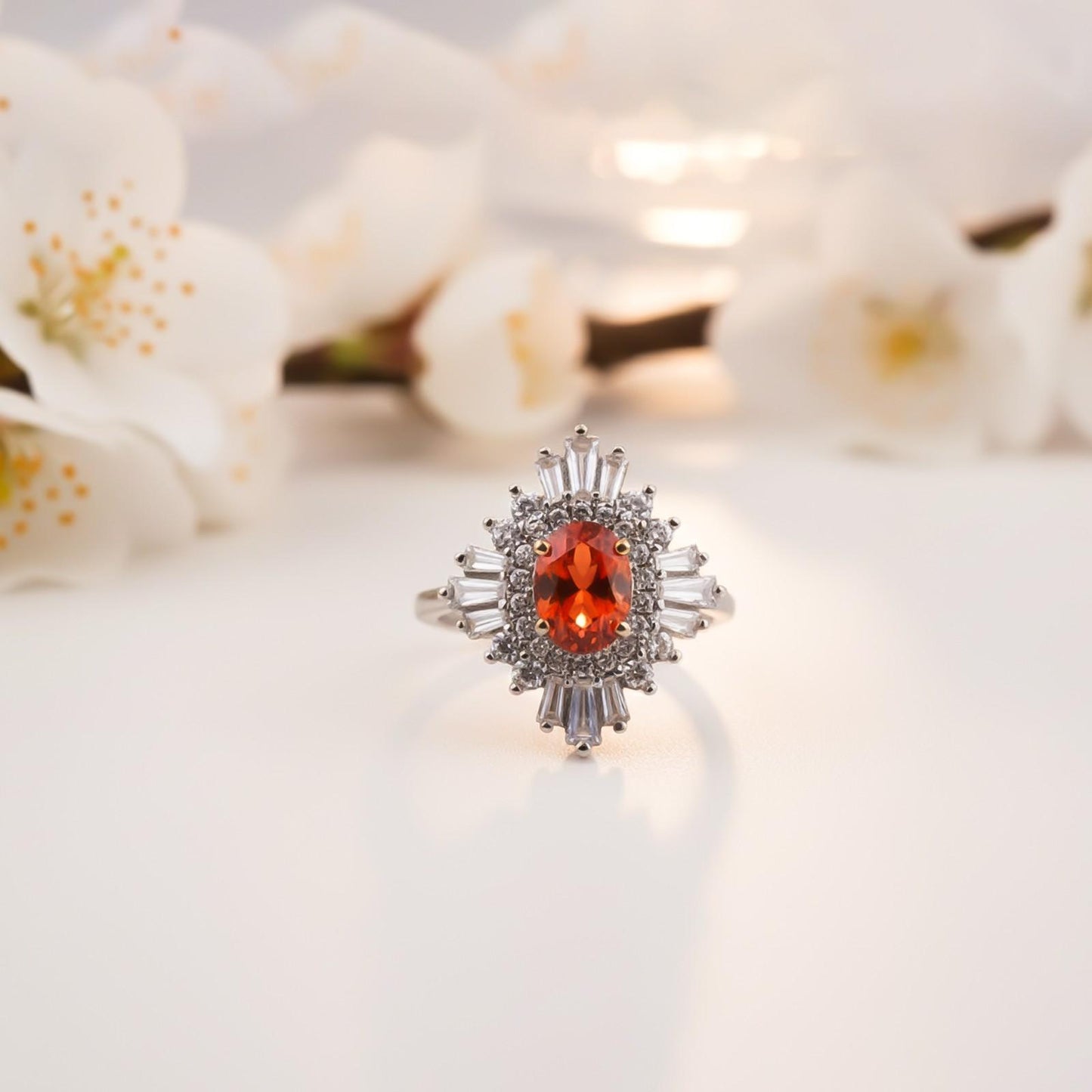 Silver Red Ruby Sunburst Halo Ring