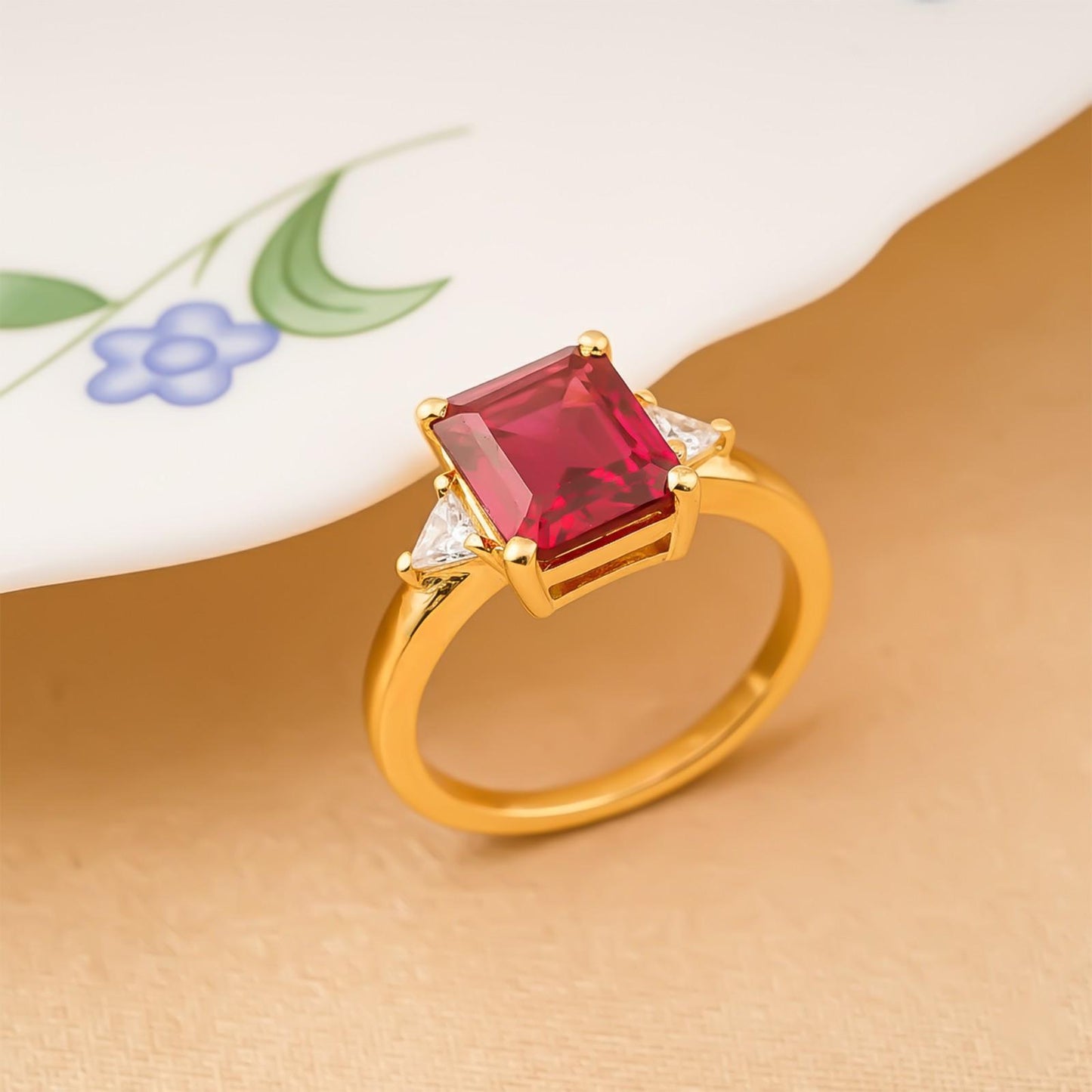 Silver Red Ruby Three-Stone Ring