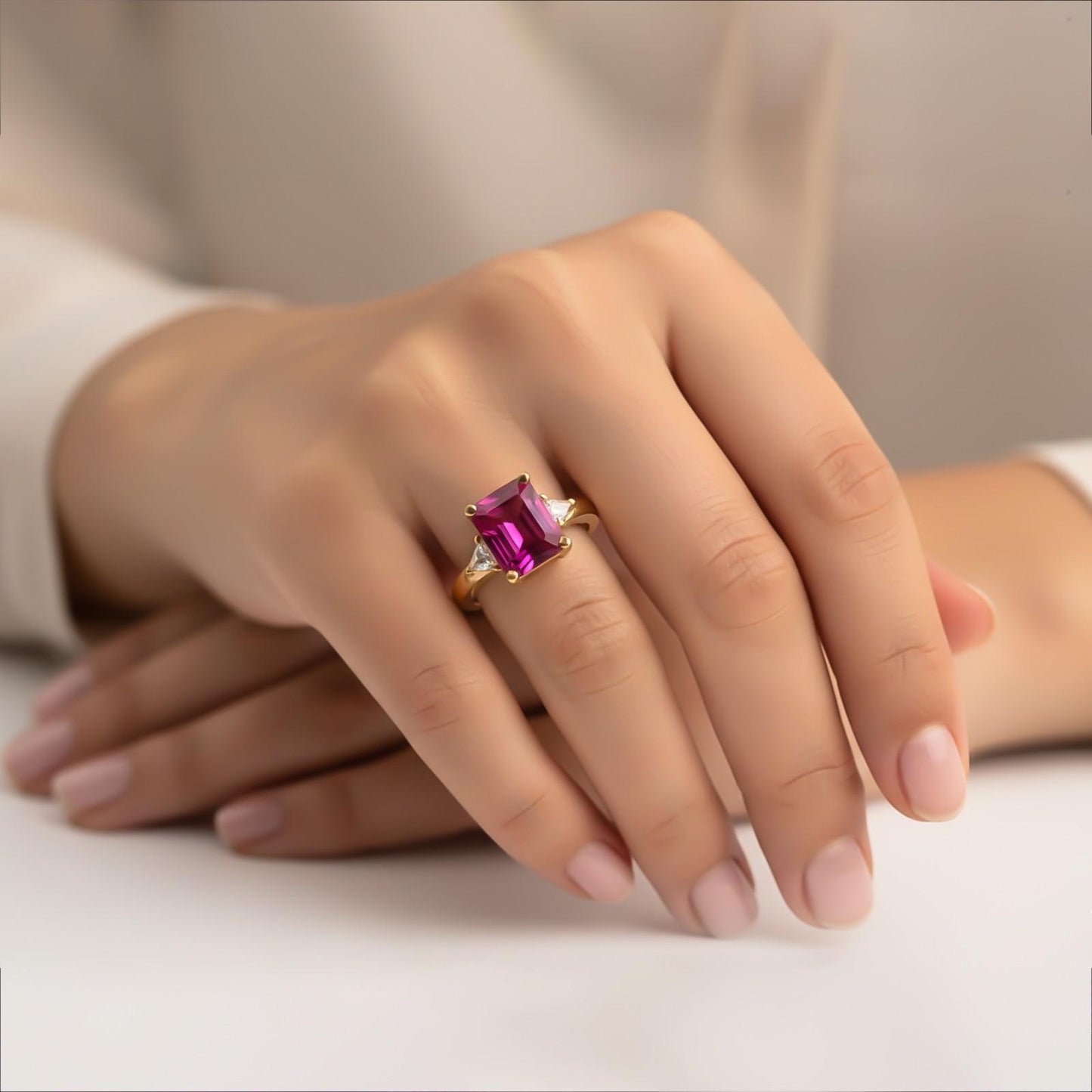 Silver Red Ruby Three-Stone Ring