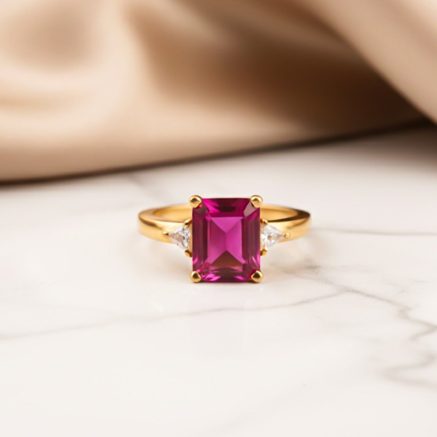 Silver Red Ruby Three-Stone Ring