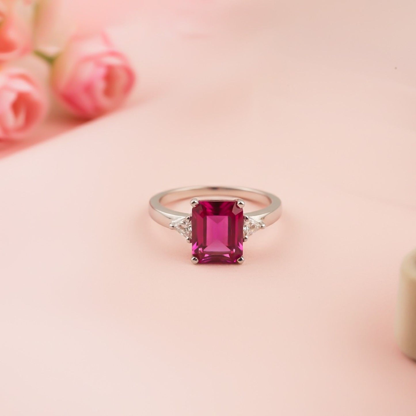 Silver Red Ruby Three-Stone Ring