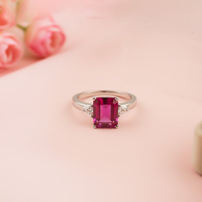 Silver Red Ruby Three-Stone Ring