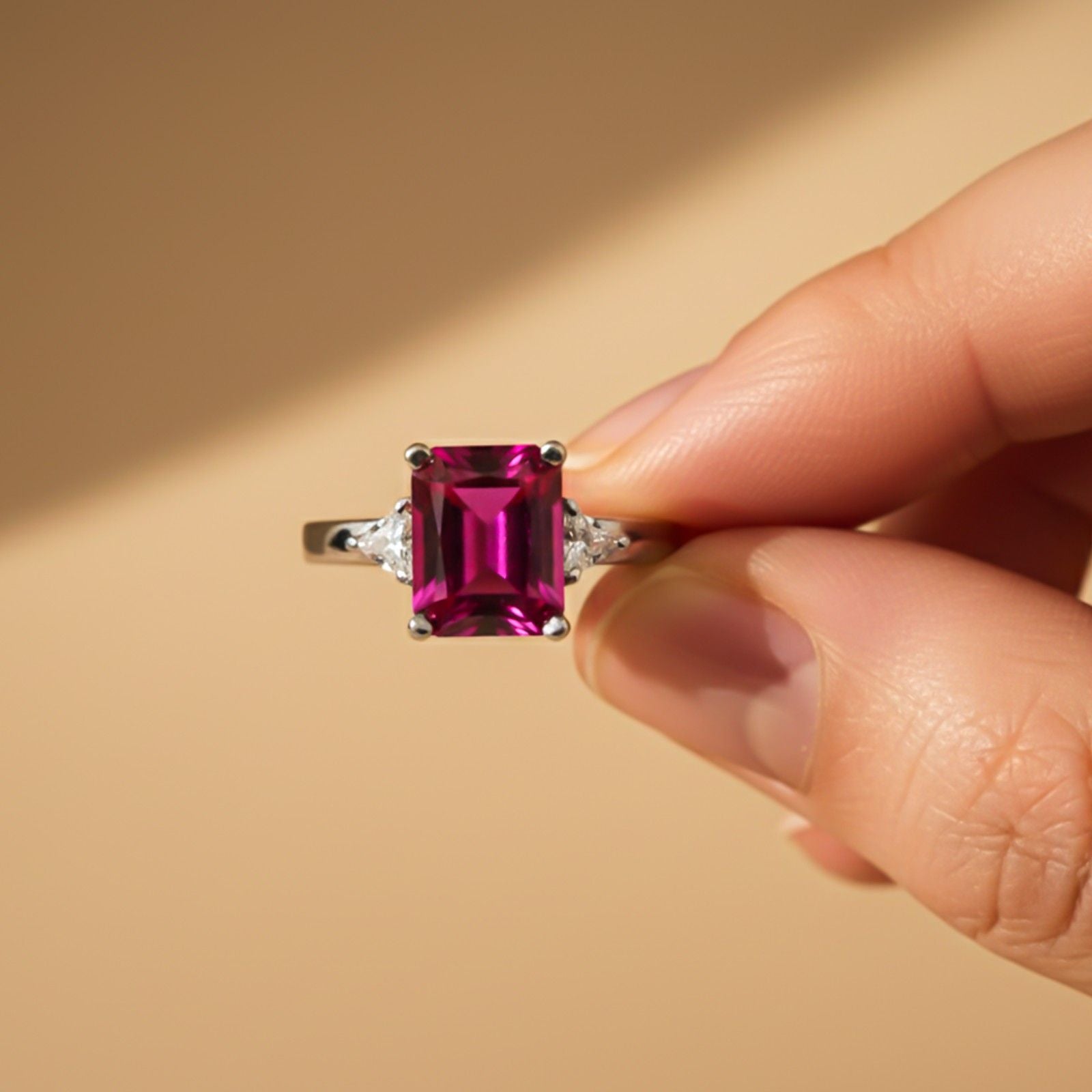 Silver Red Ruby Three-Stone Ring