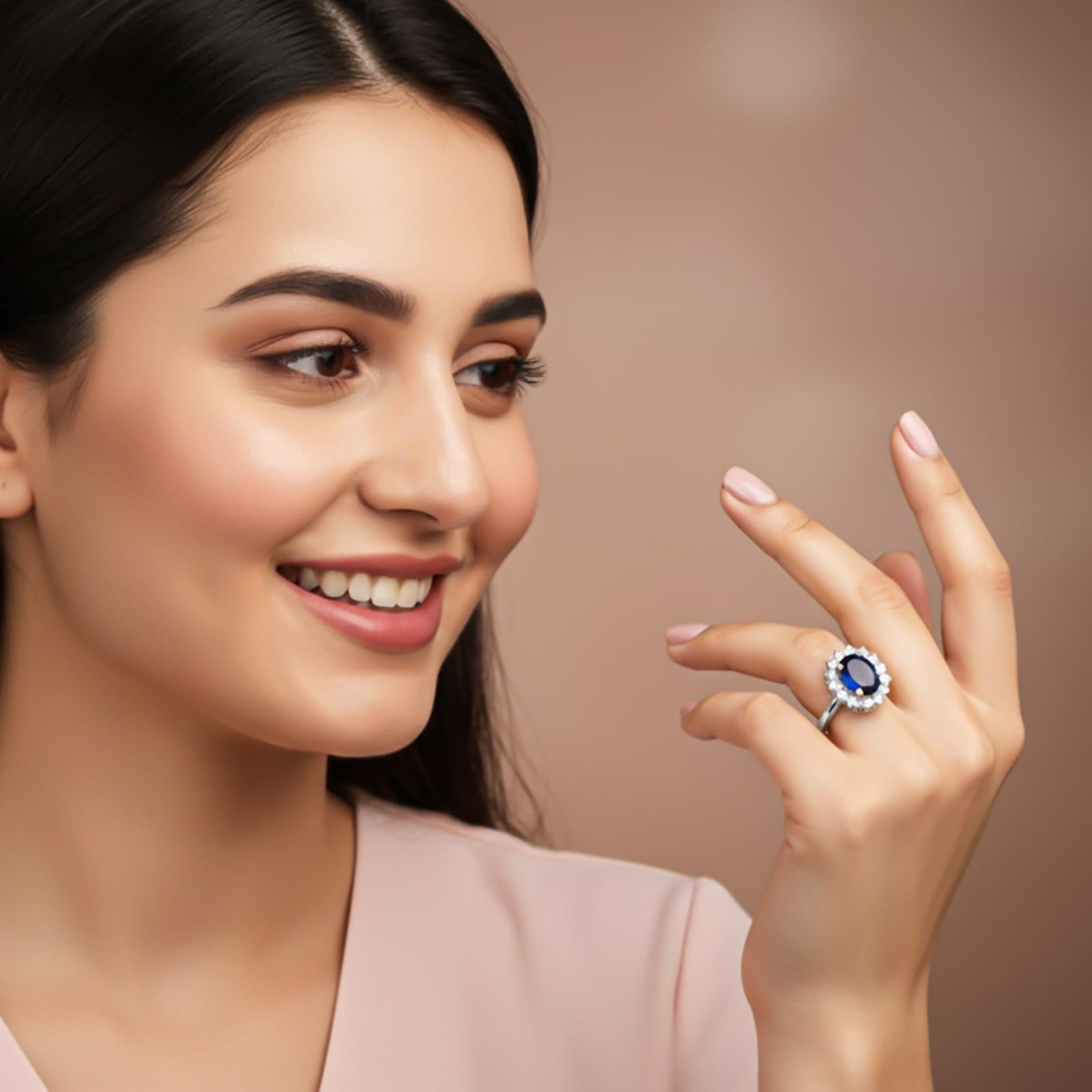 Silver Sapphire Halo Ring for Women