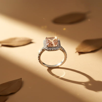 Silver Cushion Morganite Halo Ring