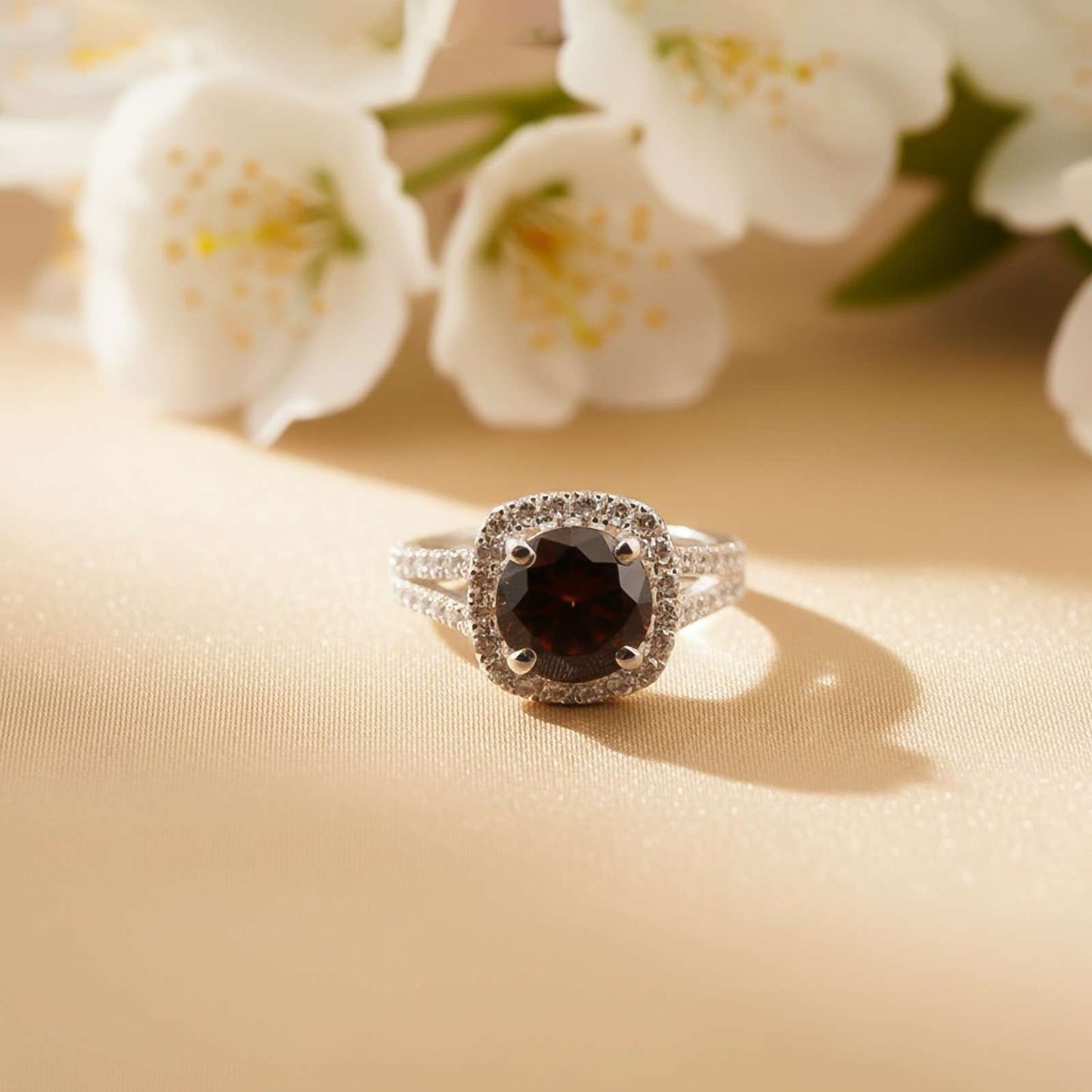 Silver Red Garnet Halo Ring