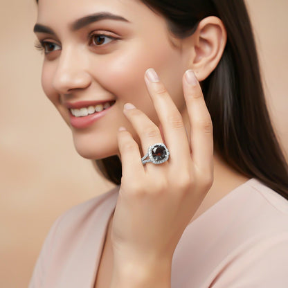 Silver Red Garnet Halo Ring