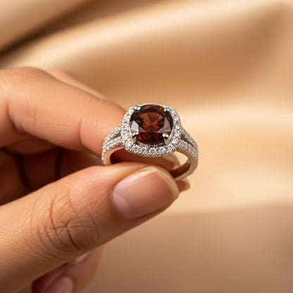 Silver Red Garnet Halo Ring