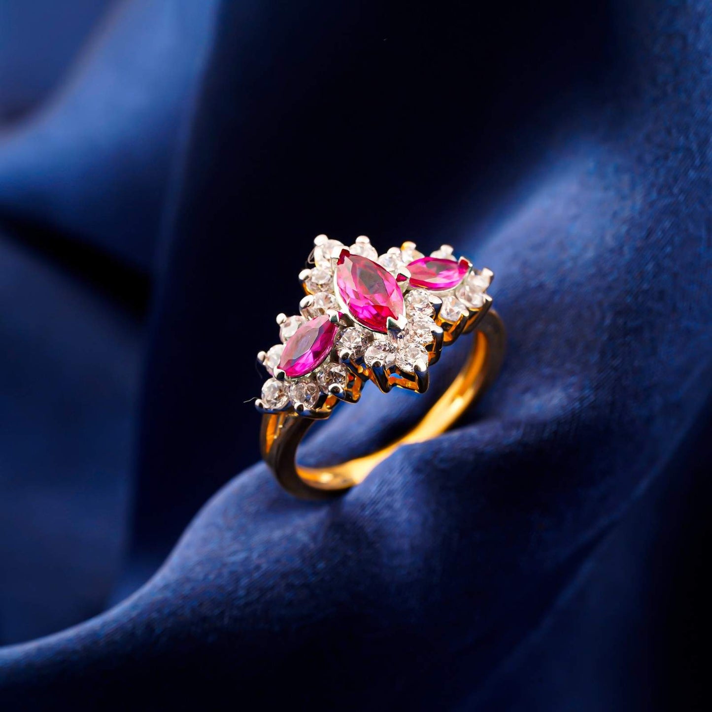Silver Red Ruby Floral Cluster Ring