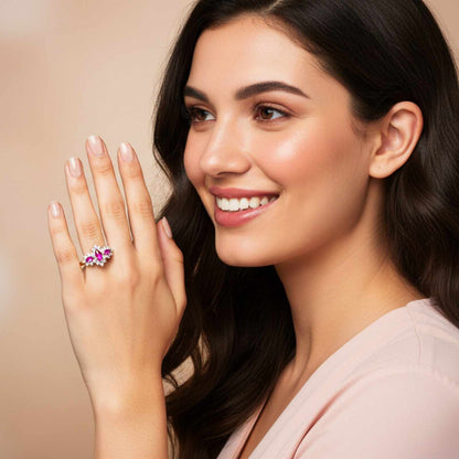 Silver Red Ruby Floral Cluster Ring
