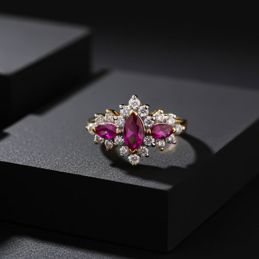 Silver Red Ruby Floral Cluster Ring