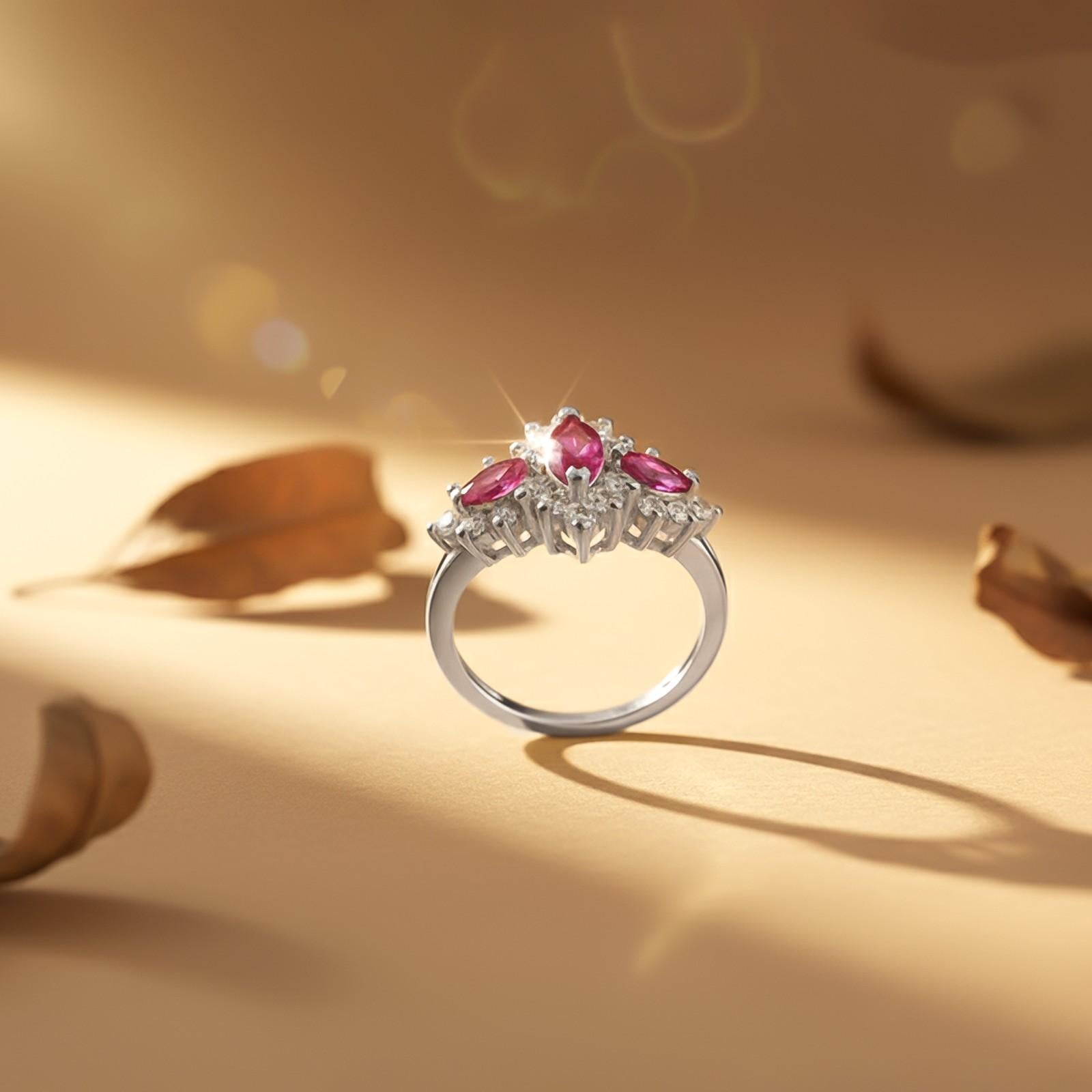 Silver Red Ruby Floral Cluster Ring