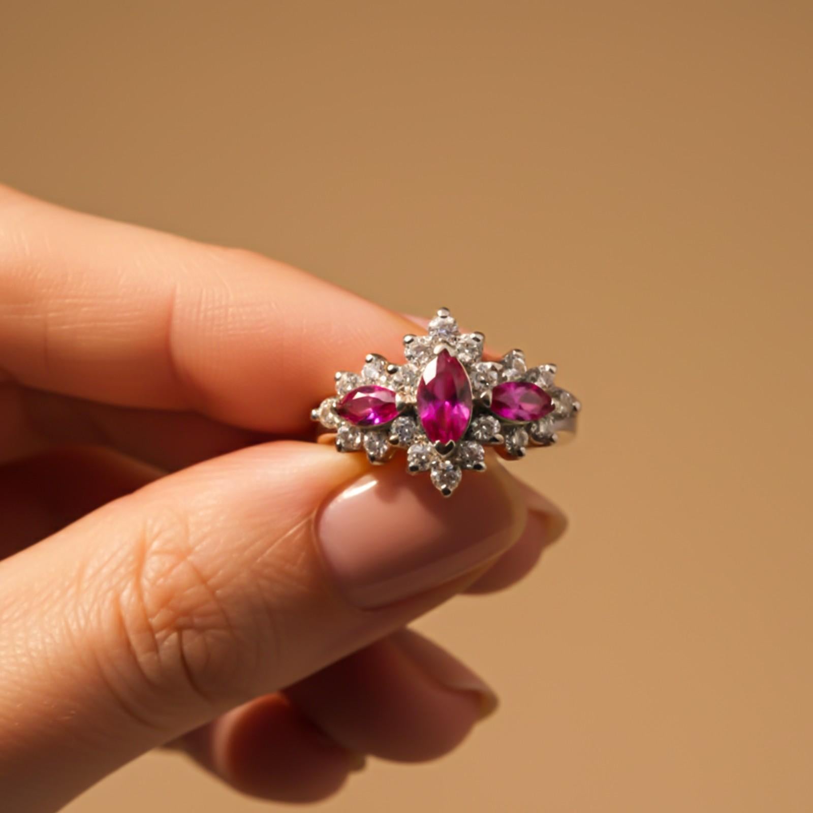 Silver Red Ruby Floral Cluster Ring