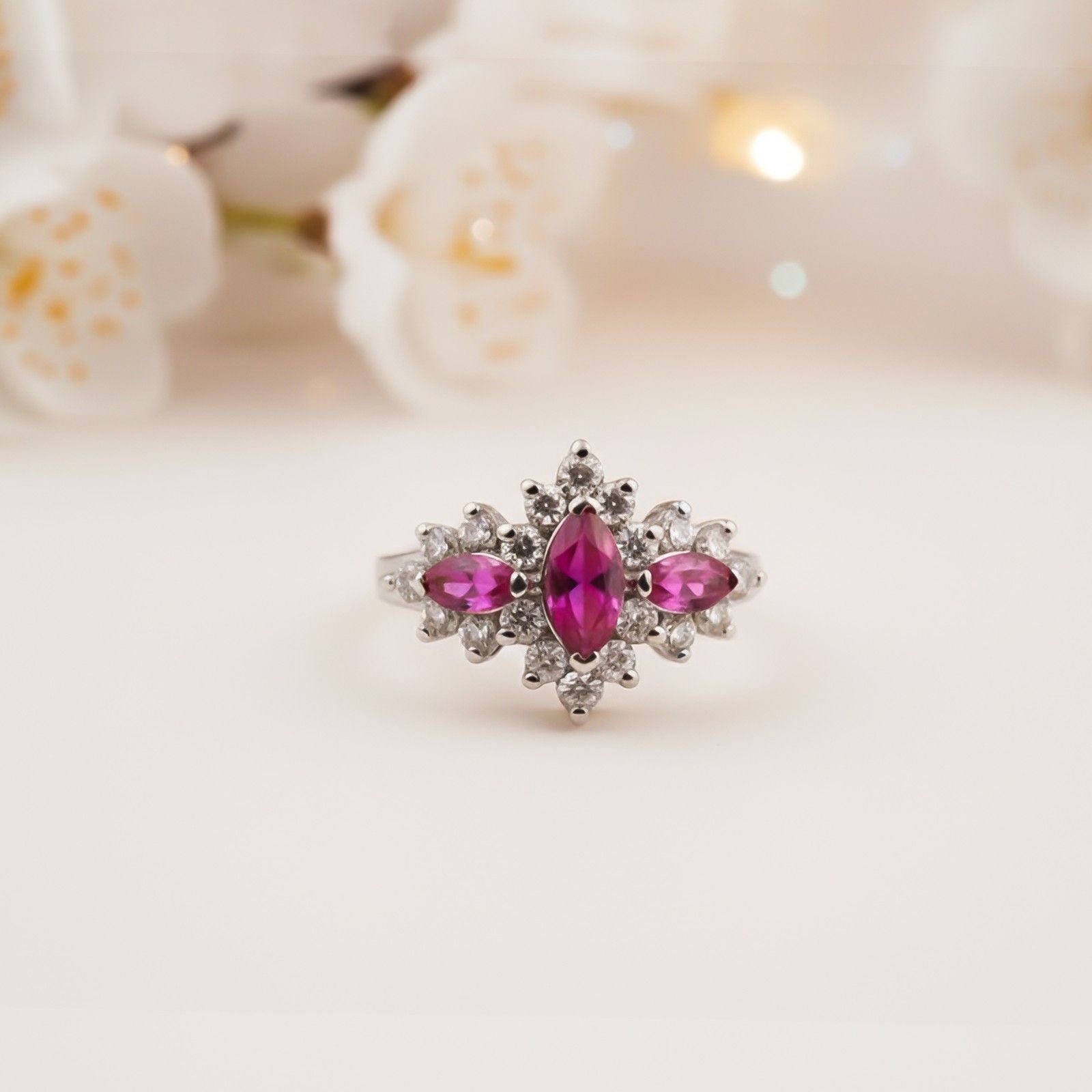 Silver Red Ruby Floral Cluster Ring