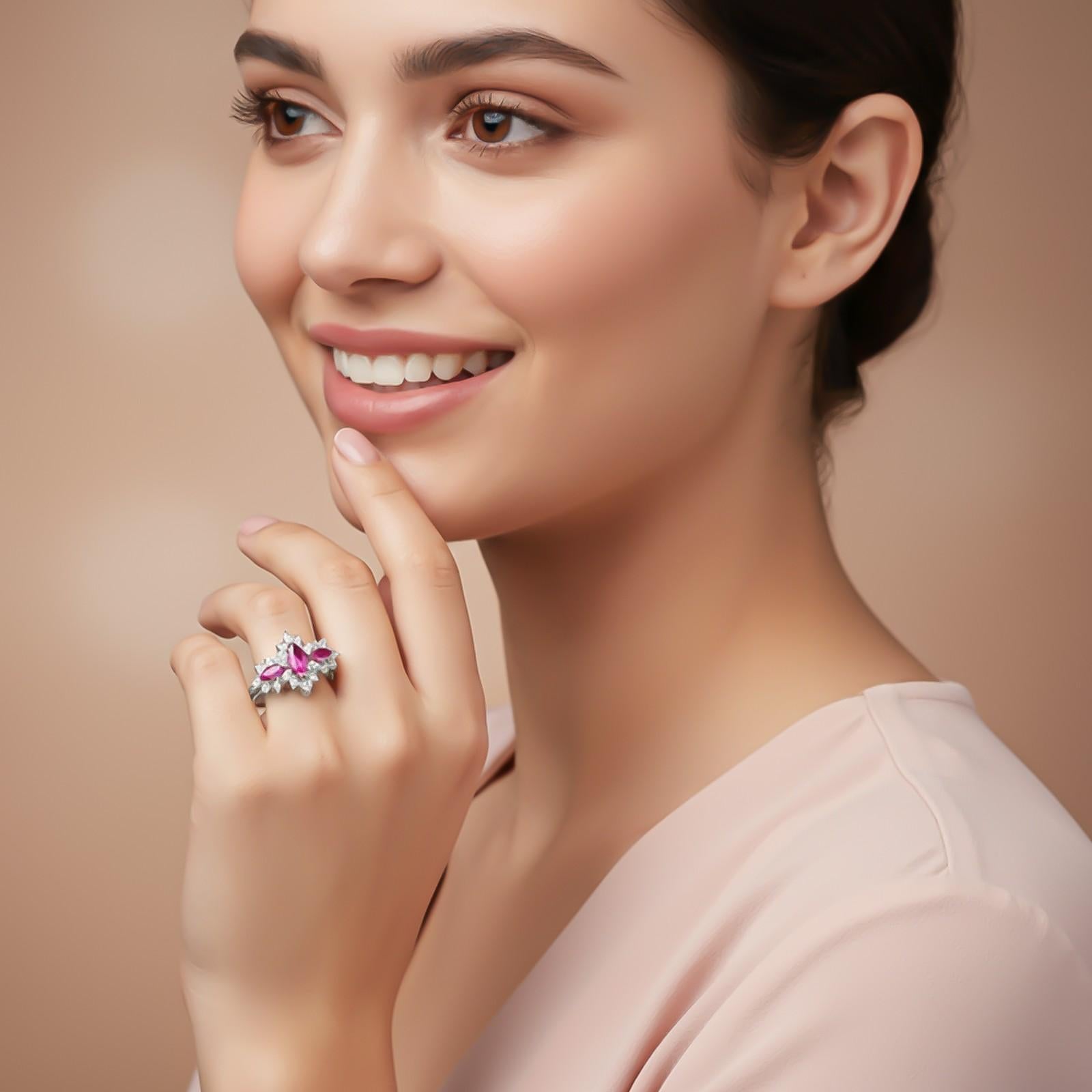 Silver Red Ruby Floral Cluster Ring