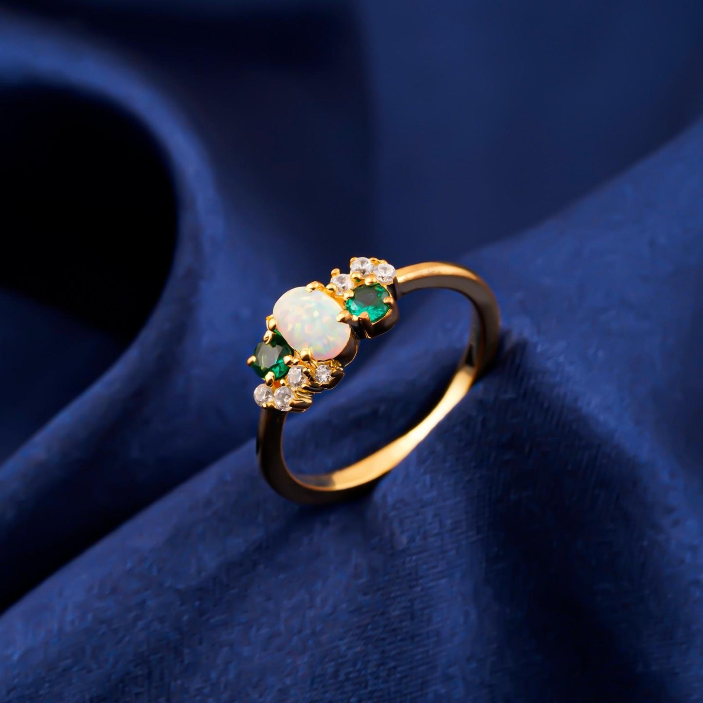 Silver Opal & Emerald Cluster Ring