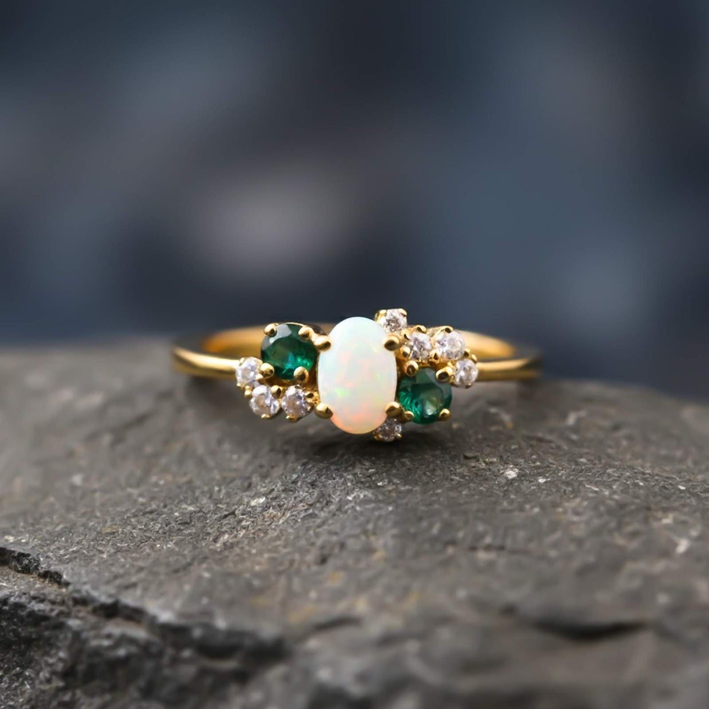 Silver Opal & Emerald Cluster Ring