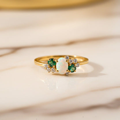 Silver Opal & Emerald Cluster Ring